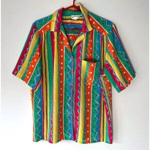 90s vintage colorful rainbow funky retro print collared button up shirt blouse